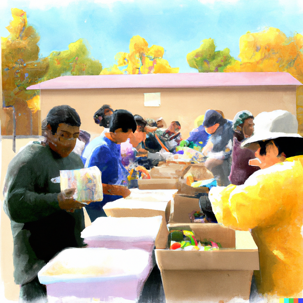DALL·E-2022-11-28-14.53.27-A-vivid-watercolor-painting-of-volunteers-serving-their-community-food-at-a-Food-bank-on-an-autumn-day