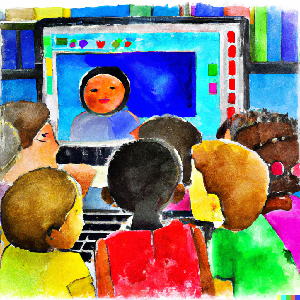 DALL·E-2022-11-28-14.59.12-vivid-watercolor-of-diverse-children-looking-at-a-computer-screen-with-a-black-woman-speaking-on-it