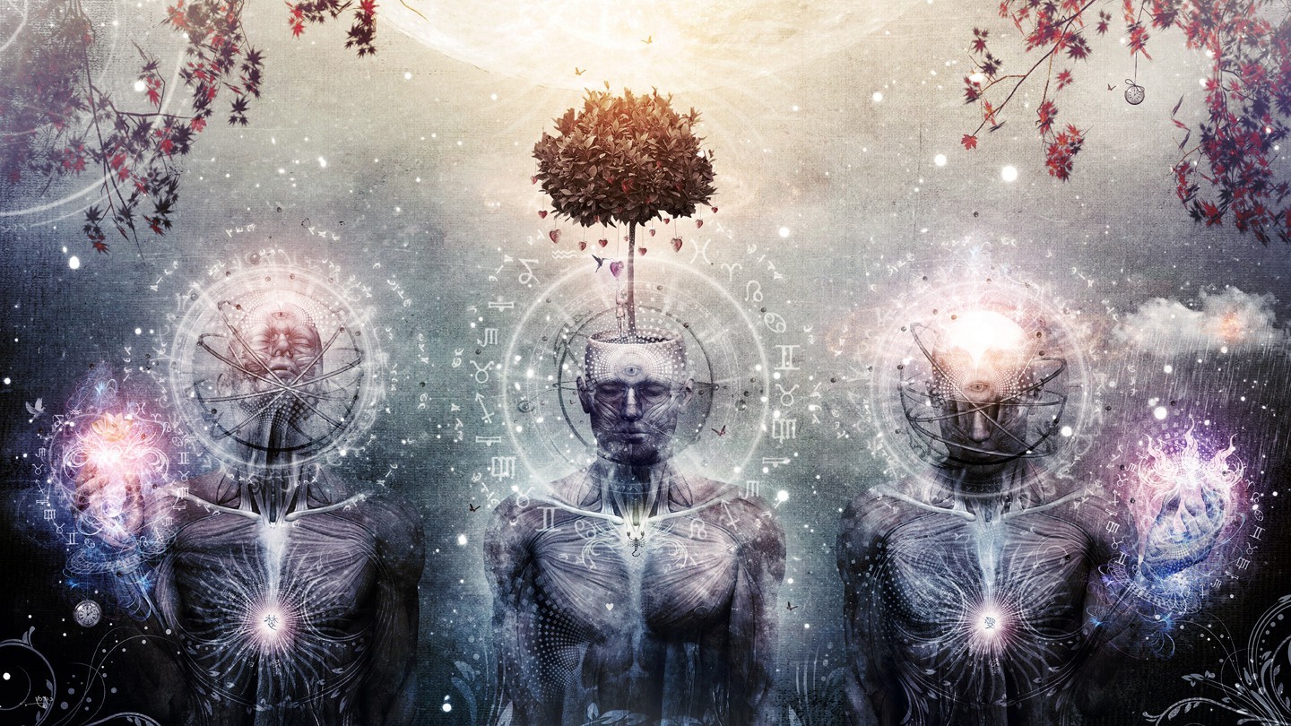 Spiritual human figures with chakras and cosmic energy symbols, surreal meditation art
