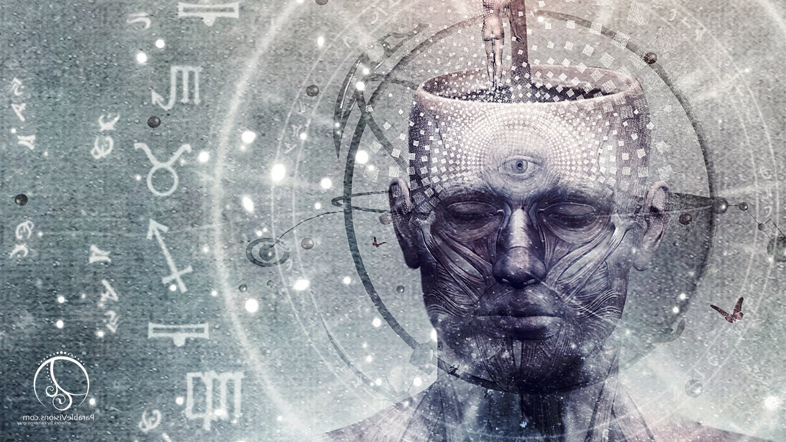 Surreal meditating head with open mind and tree, consciousness expansion and energy healing
