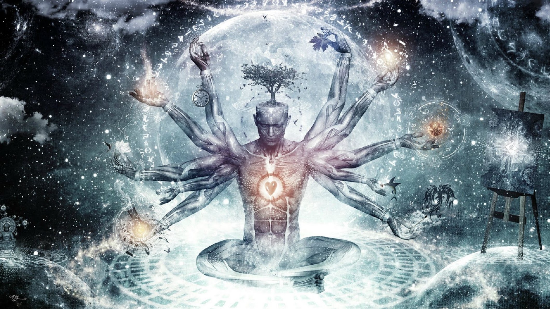 Multi-armed meditating figure with cosmic symbols, higher consciousness and chakra energy