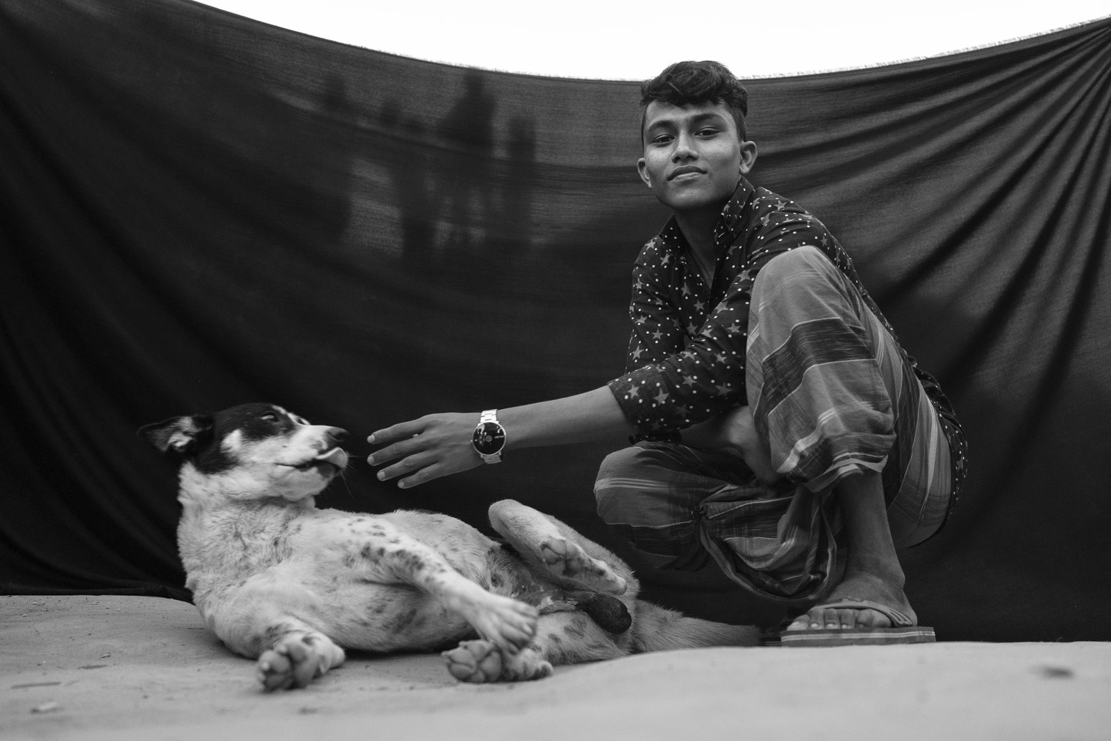 Boy with dog grayscale