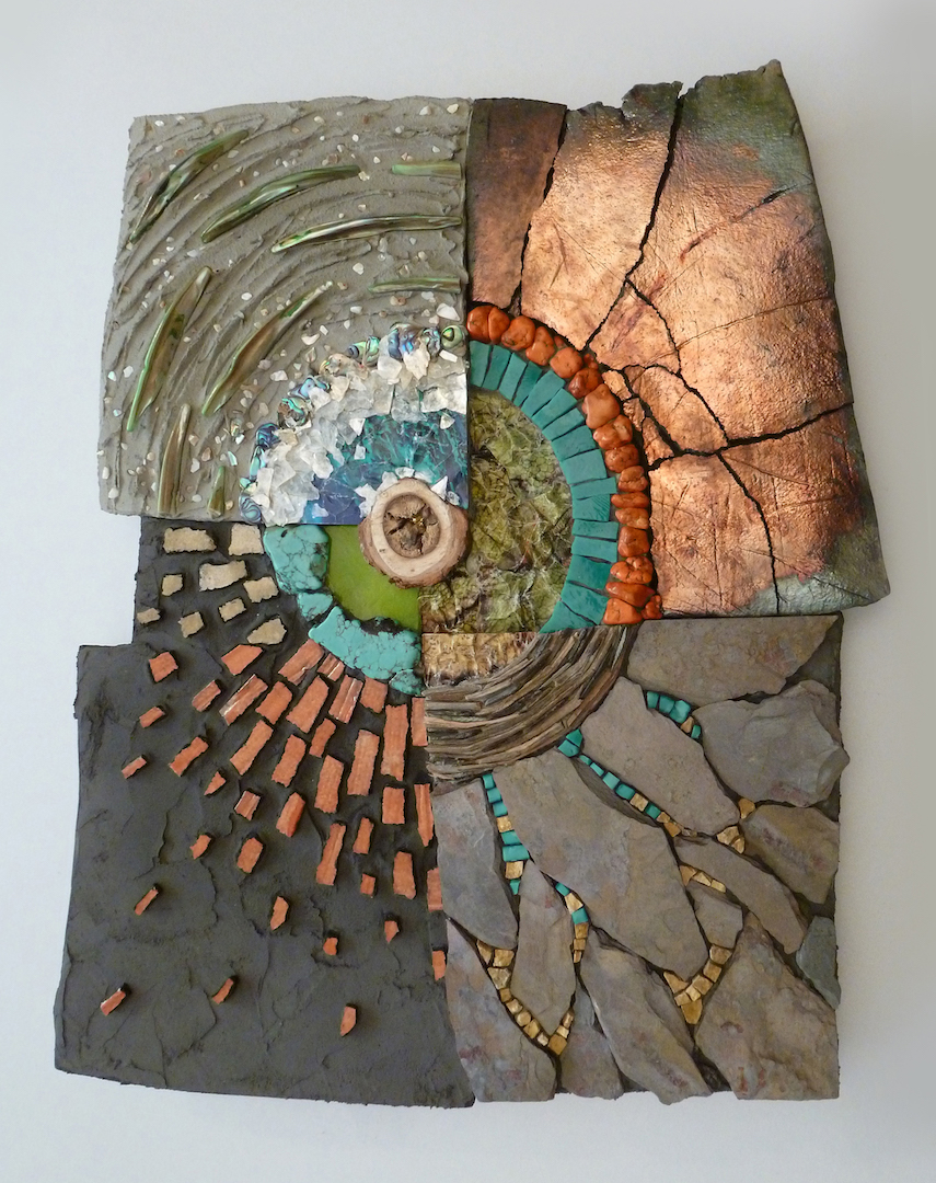 Thaden-Fragile-Earth-copy Fragile Earth | 12" x 15" Raku, wood, slate, smalti, muscovite mica, abalone, paper, turquoise, howlite, sandstone, and apple twigs on hand-formed substrate