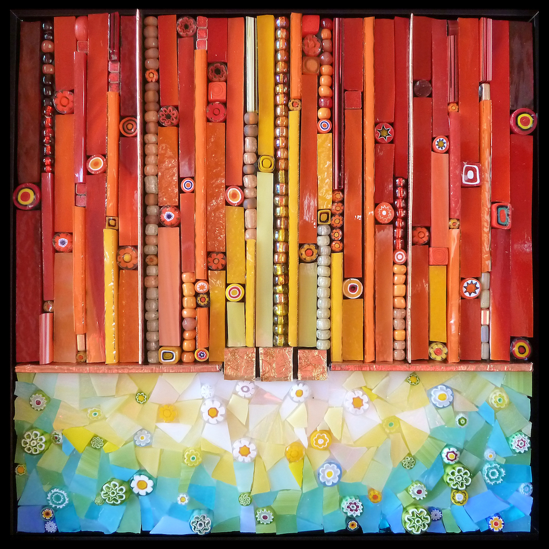Thaden-Oasis-copy Oasis | 8” x 8” Gold smalti, miscellaneous glass, beads, millefiori, and copper wire