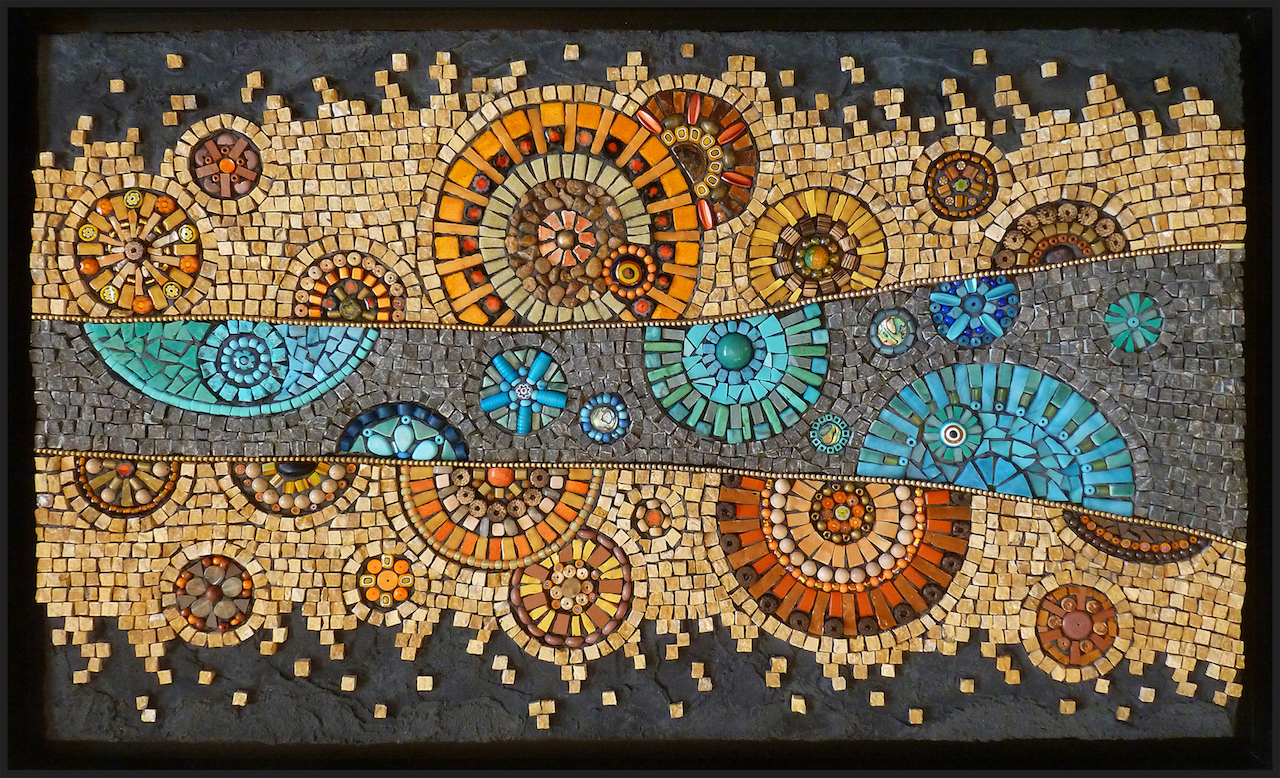 Thaden-Ripple-Effect-copy-1 Ripple Effect | 20.5” x 12.5” Marble, zipper, smalti, ceramic, millefiori, abalone, assorted glass, stone and beads