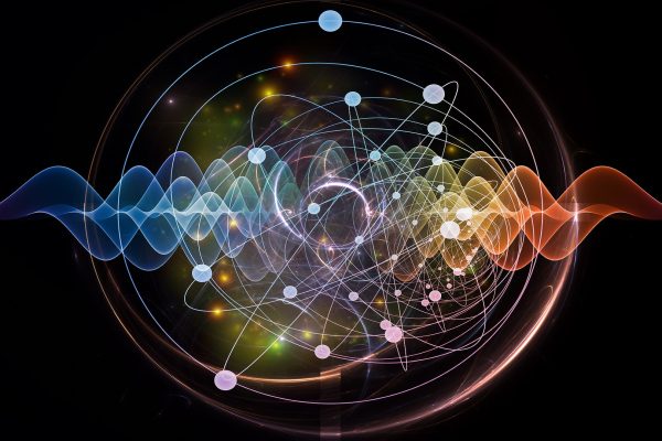 Abstract concept of atom and quantum waves illustrated with fractal elements