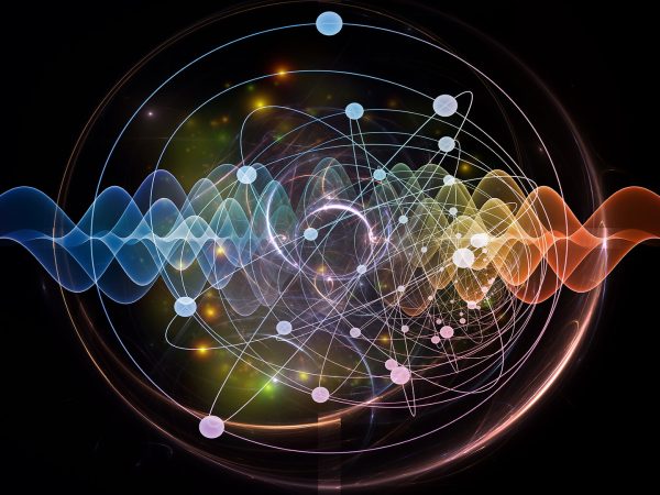 Abstract concept of atom and quantum waves illustrated with fractal elements