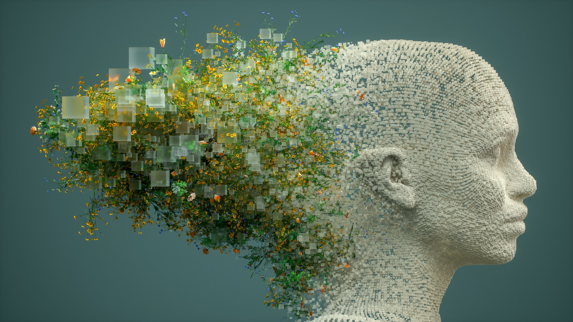 Clay human head with exploding digital pixels