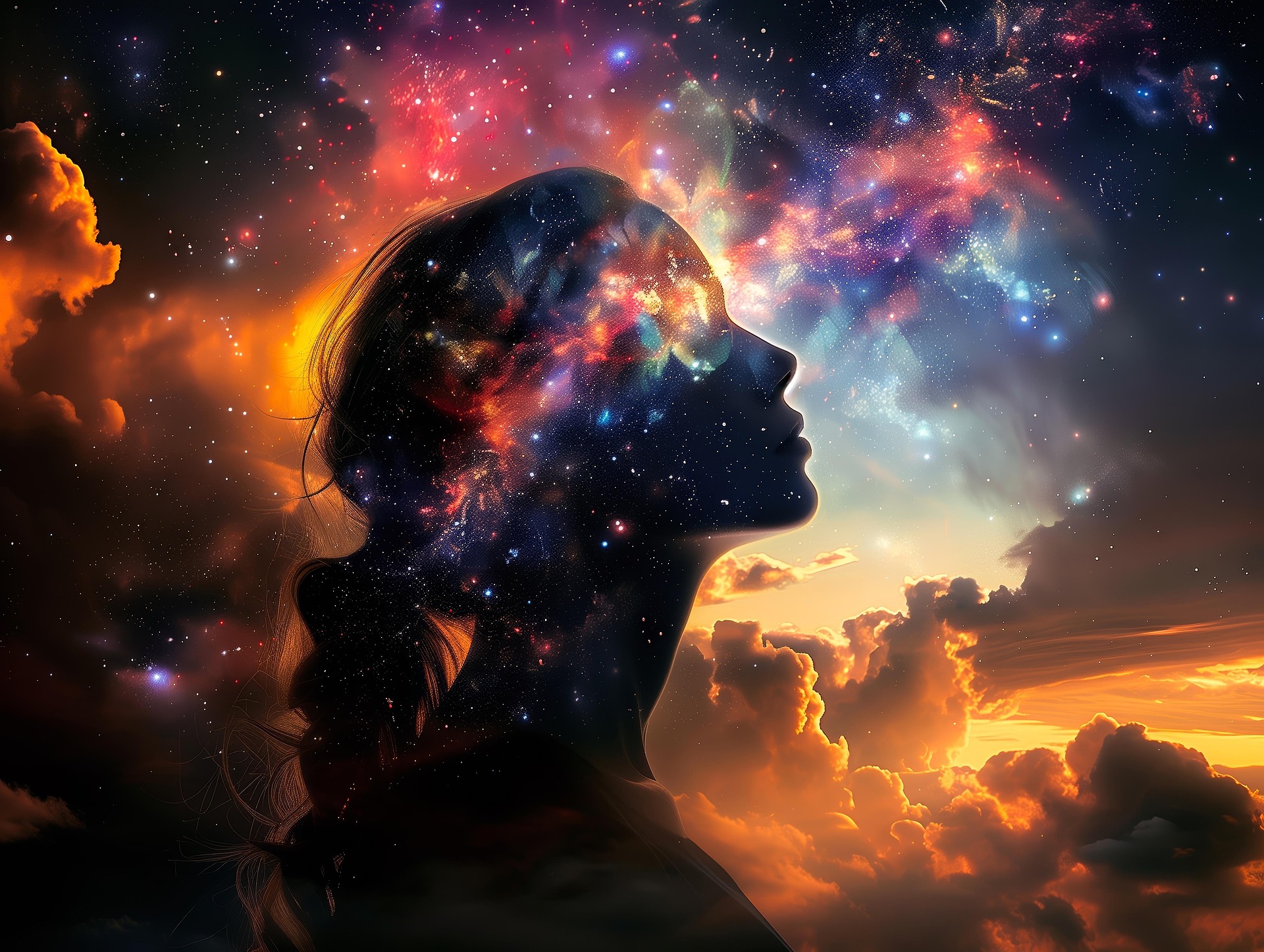 Surreal woman silhouette with galaxy and nebula cosmic sky art